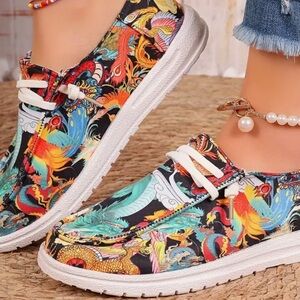 NEW Women’s Dragon Phoenix Print Canvas Sneakers – Size 7 (37)